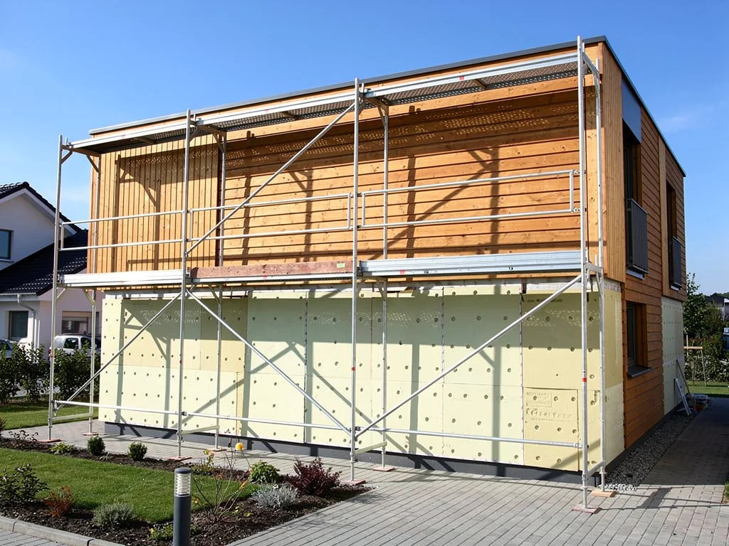 Façade isolée par l'extérieur sous un bardage bois